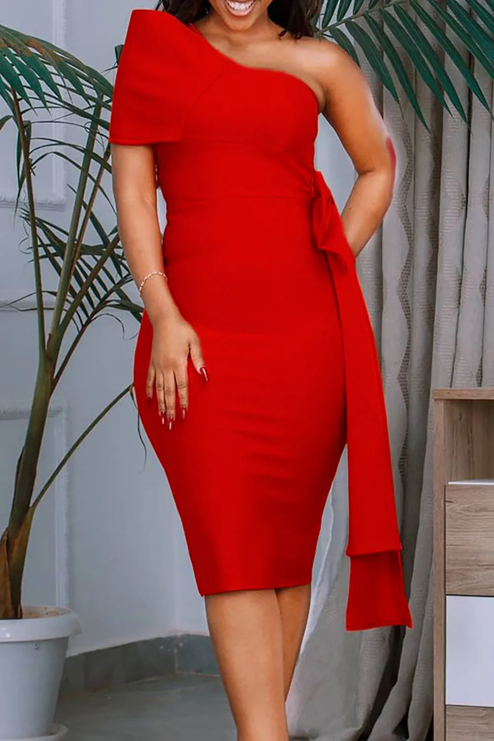 Plus Size White Semi Formal One Shoulder Bodycon Bow Midi Dresses