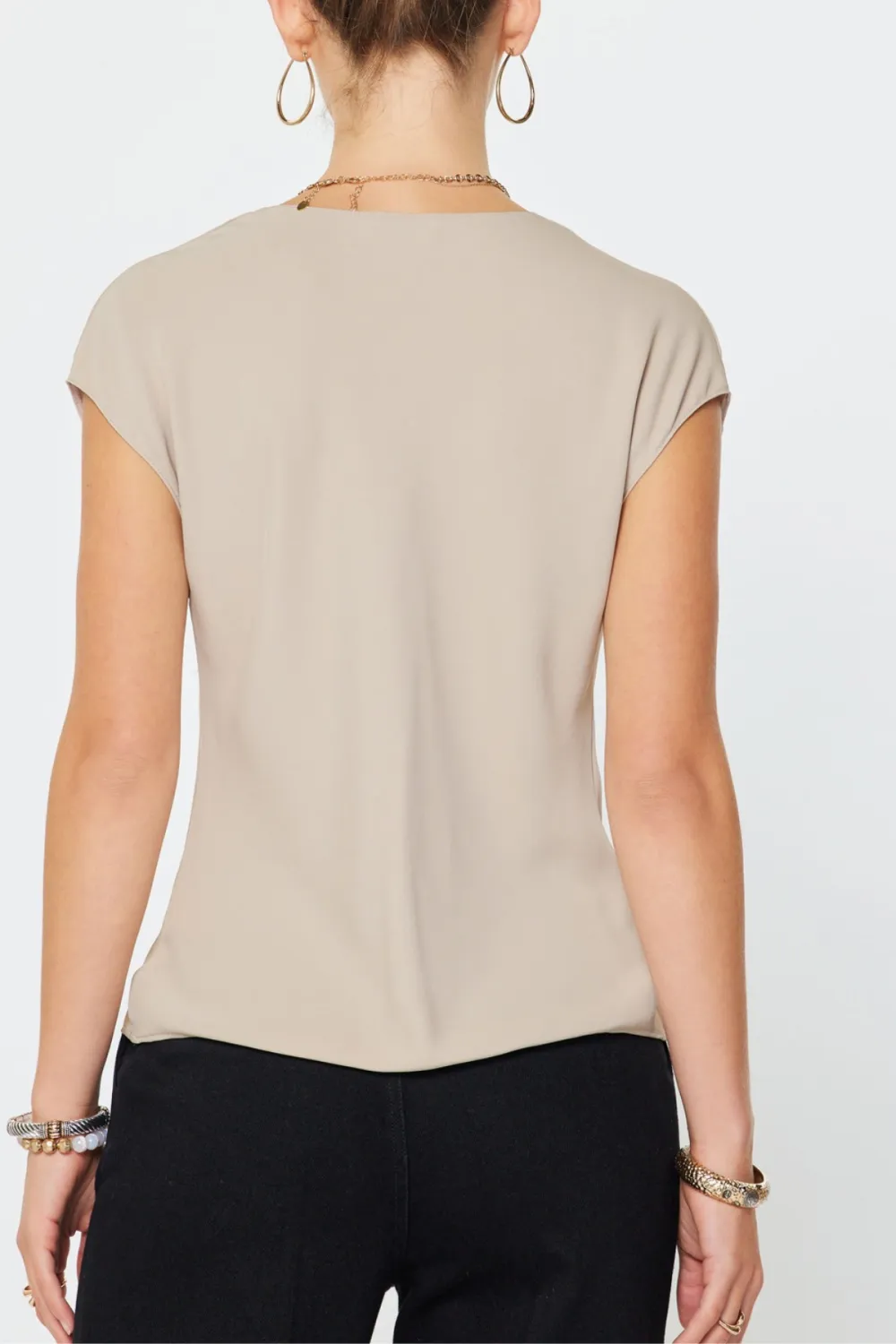 Cap Sleeve Draped Cowl Blouse