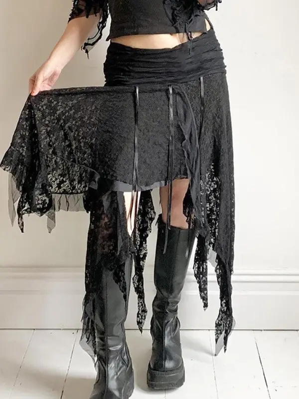 Wavy Lace Asymmetric Hem Skirt