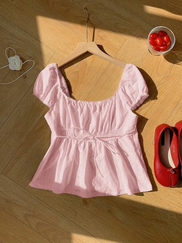 Ruffle Drawstring Eyelet Blouse
