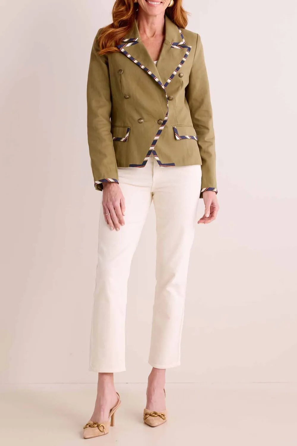 Olive Green Striped Detail Double Breasted Jacket