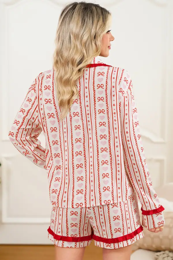 Bow Print Floral Print Short Pajama Set