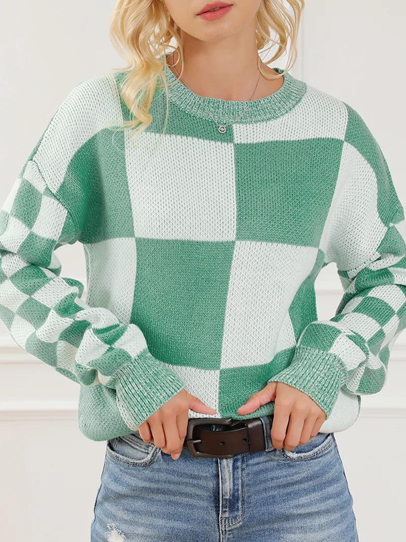 Mint Green Checkered Print Drop Shoulder Sweater