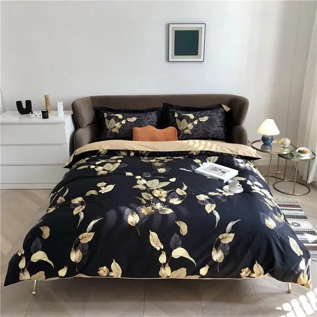 (Store Closing Sale) 6Pcs Luxury Egyptian Cotton Bedding Set Bright Flamingo Leaf Duvet Cover Bed Fitted sheet