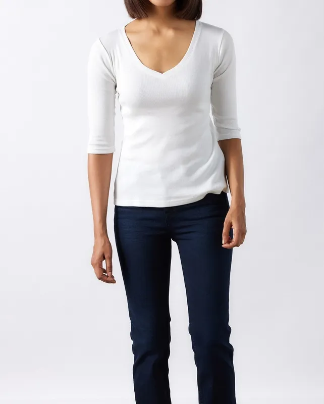 Soft White Ribbed V-Neck Tee