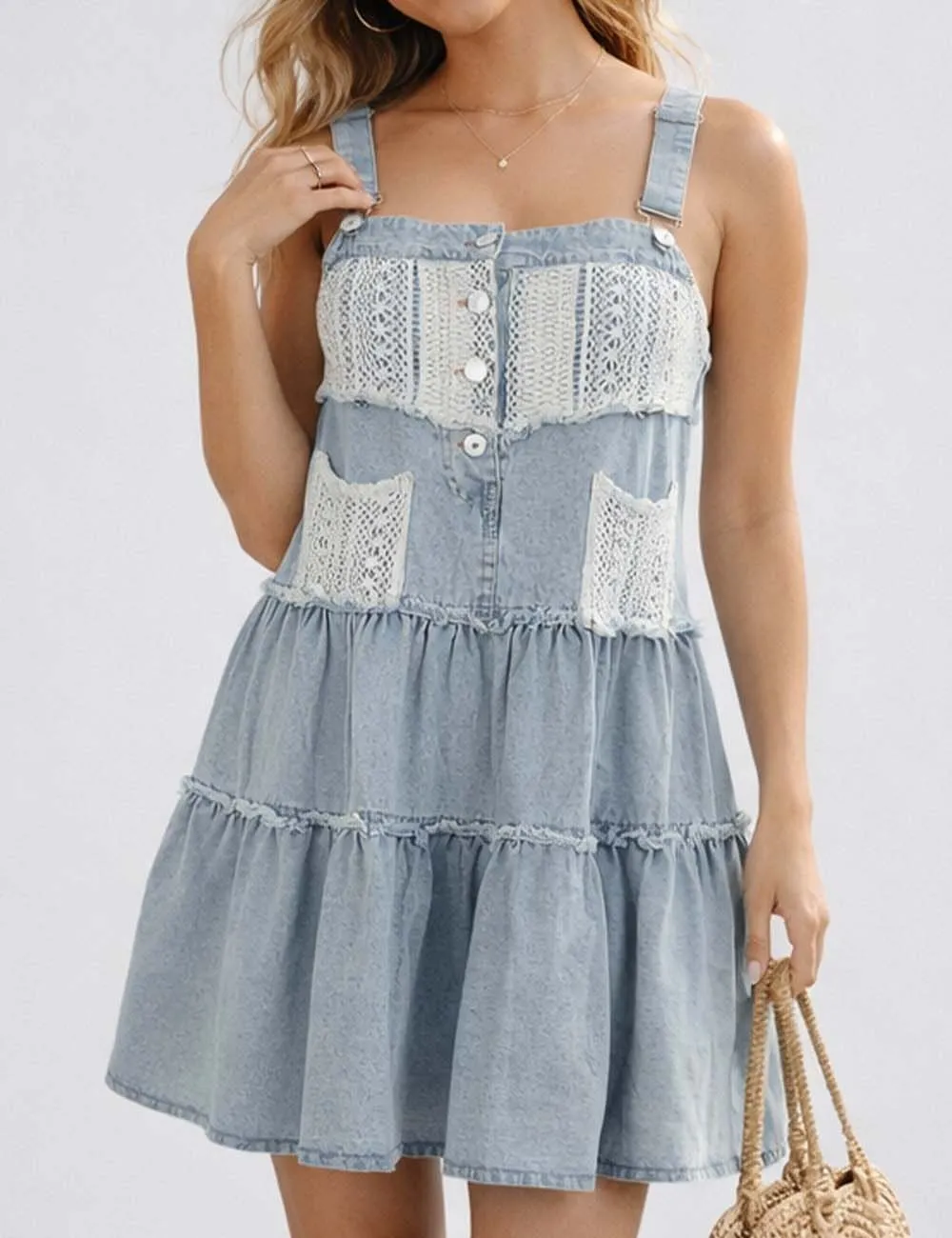 Lace Panel Two Strap Pocket Sleeveless Denim Dress