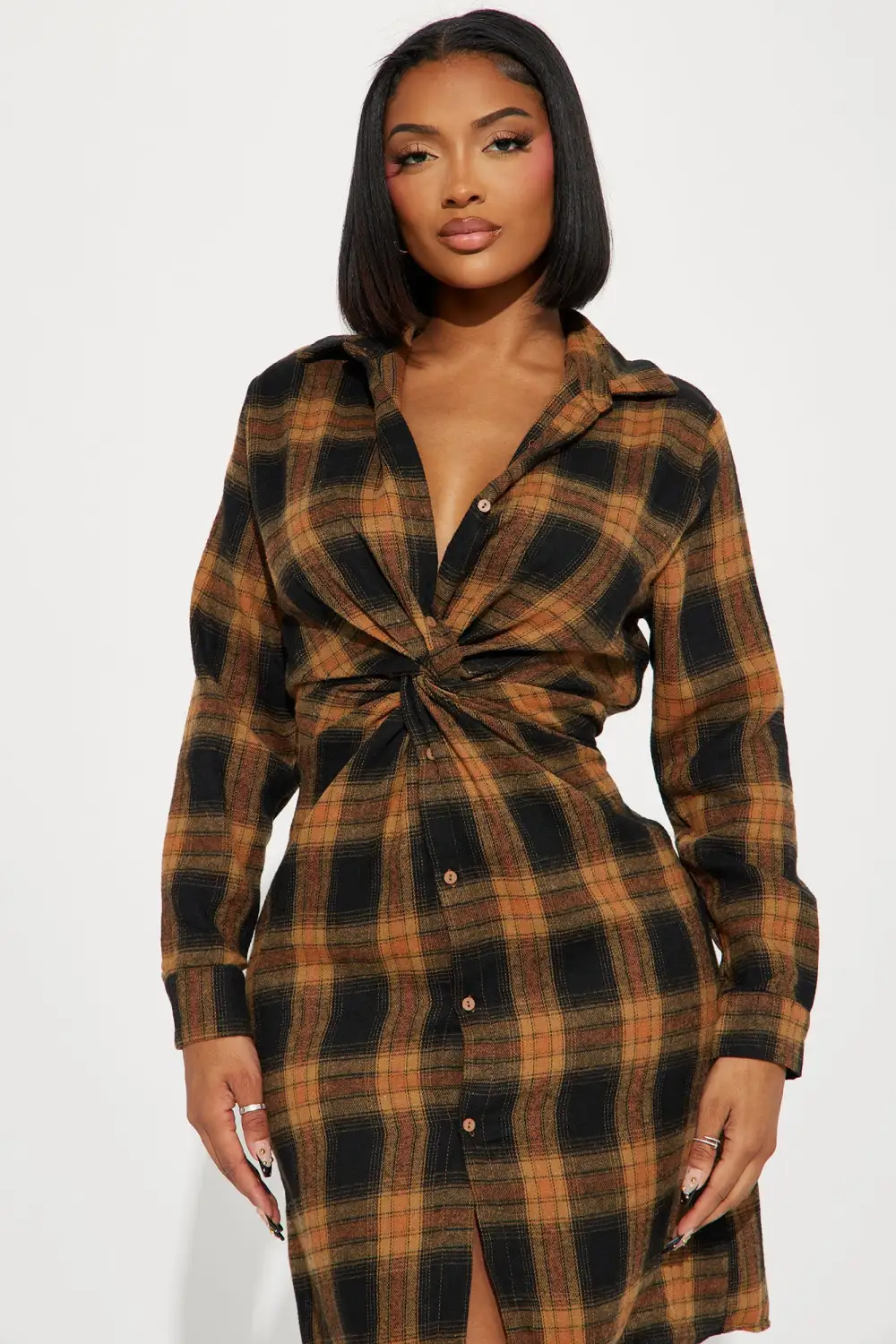 Fall Flannel Midi Dress - Camel/combo
