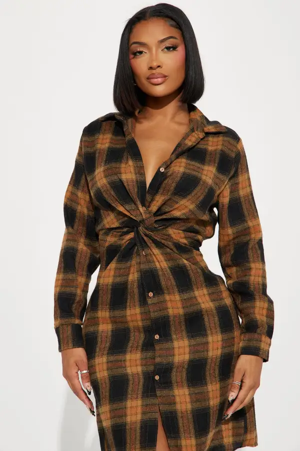 Fall Flannel Midi Dress - Camel/combo