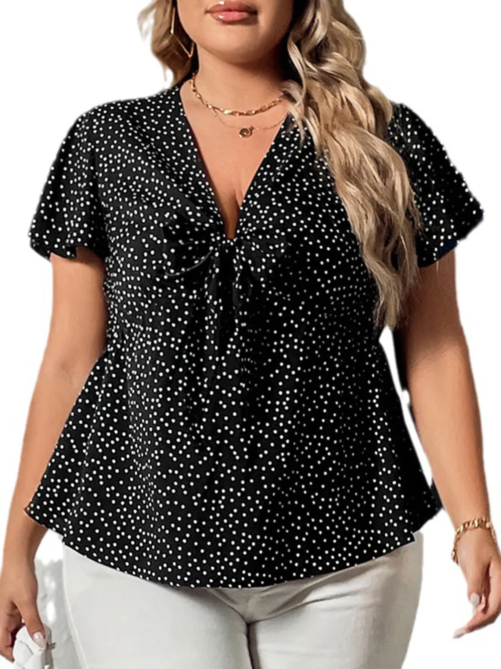 Deep V Waist Polka Dot Print Ladies Top