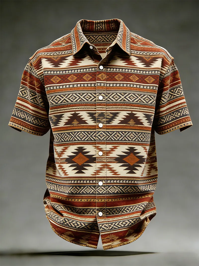 Men's Navajo Inspired Geometric Stripe Print Short Sleeve Shirt