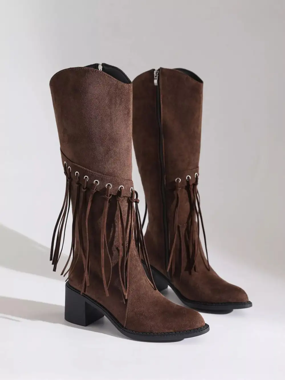 Textured Fringe Point Toe Block Heels Boots