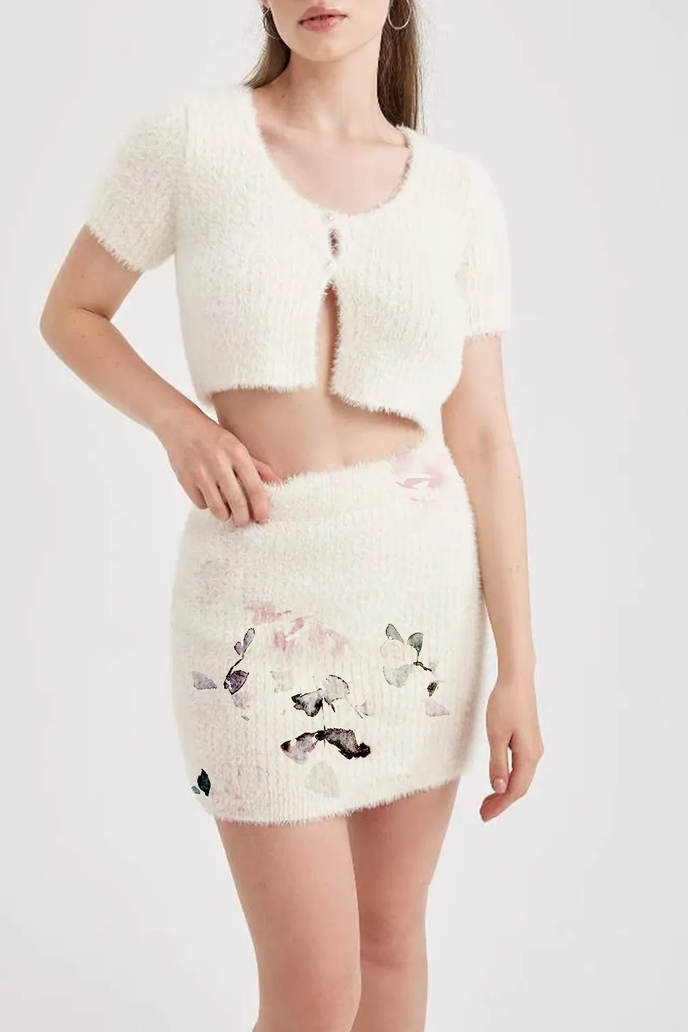 Short Sleeve Knit Butterfly Embroidered Skirt