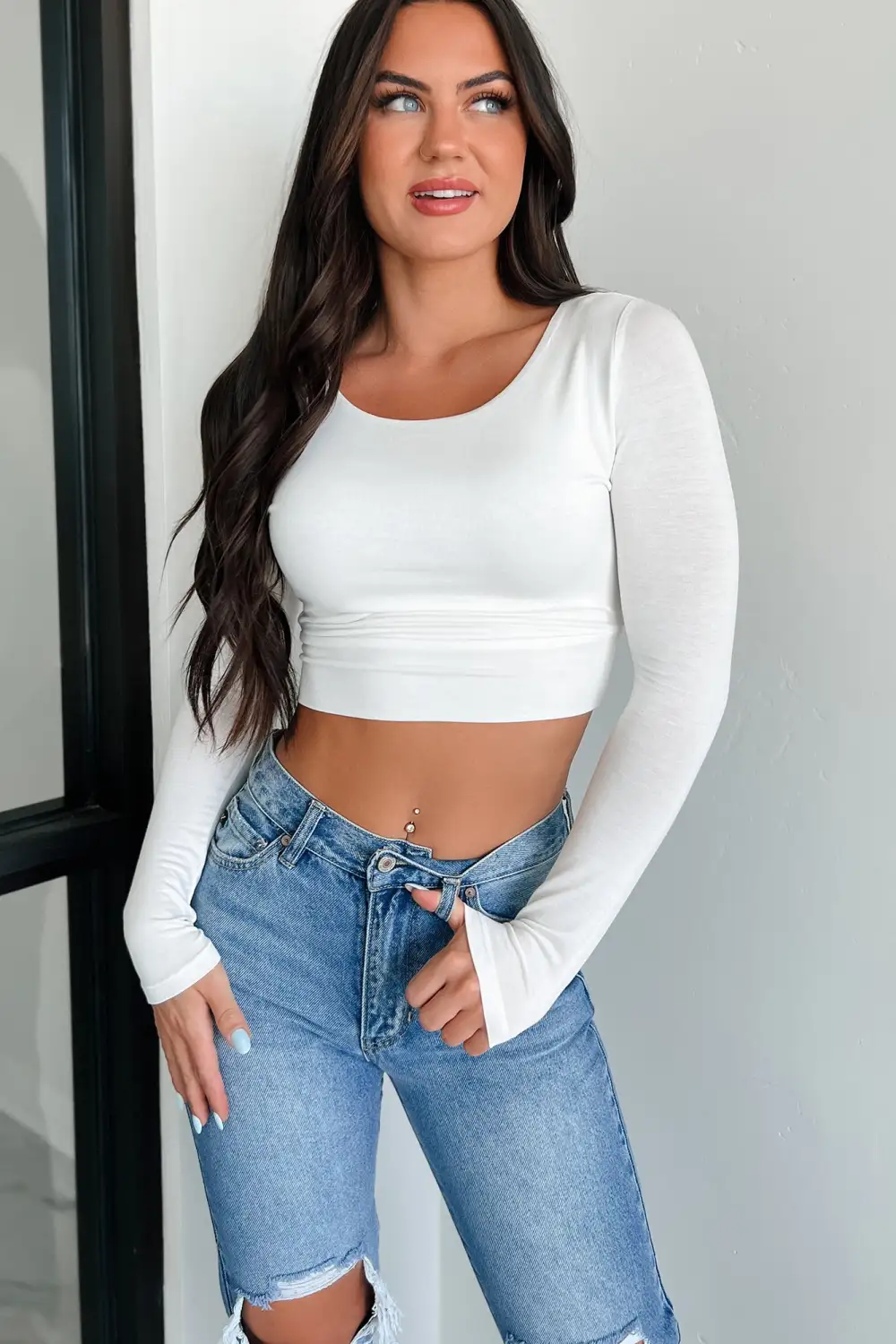 Ziva Long Sleeve Zenana Crop Top (Off White)