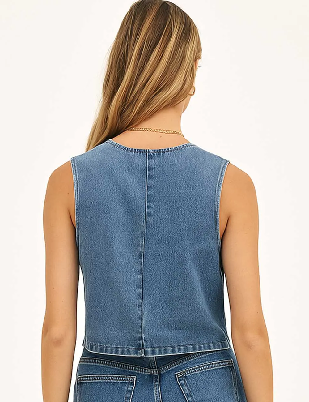 Denim Solid V Neck Sleeveless Daily Vest