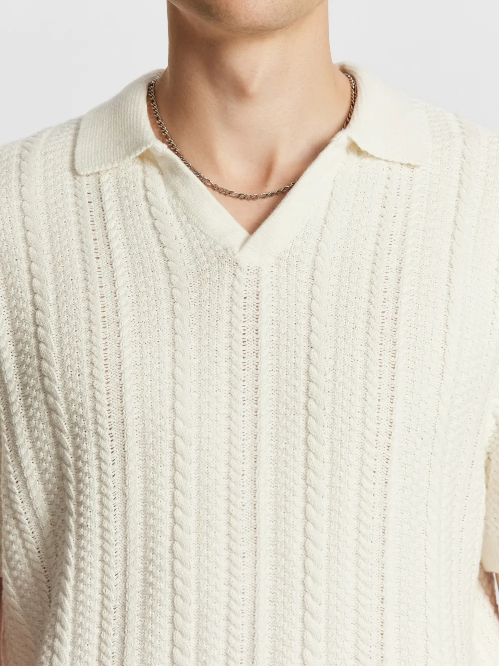 Off White Short Sleeve Cable Knit Polo Shirt