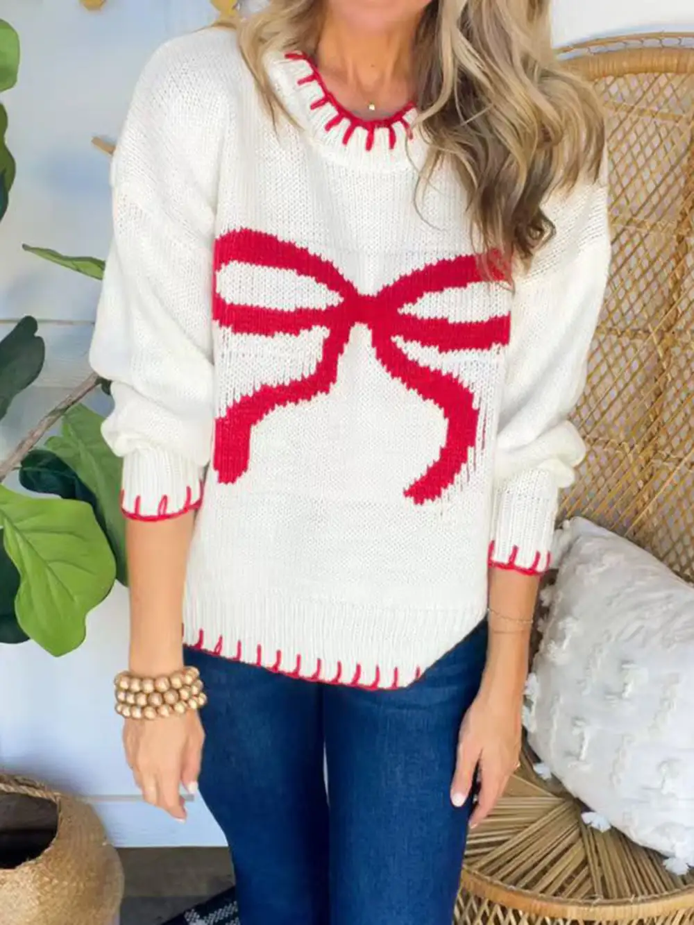 Bow Round Neck Long Sleeve Sweater- Ships 11/22