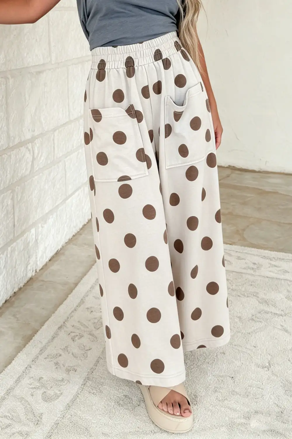 Polka Dot Elastic Waist High Waist Pants