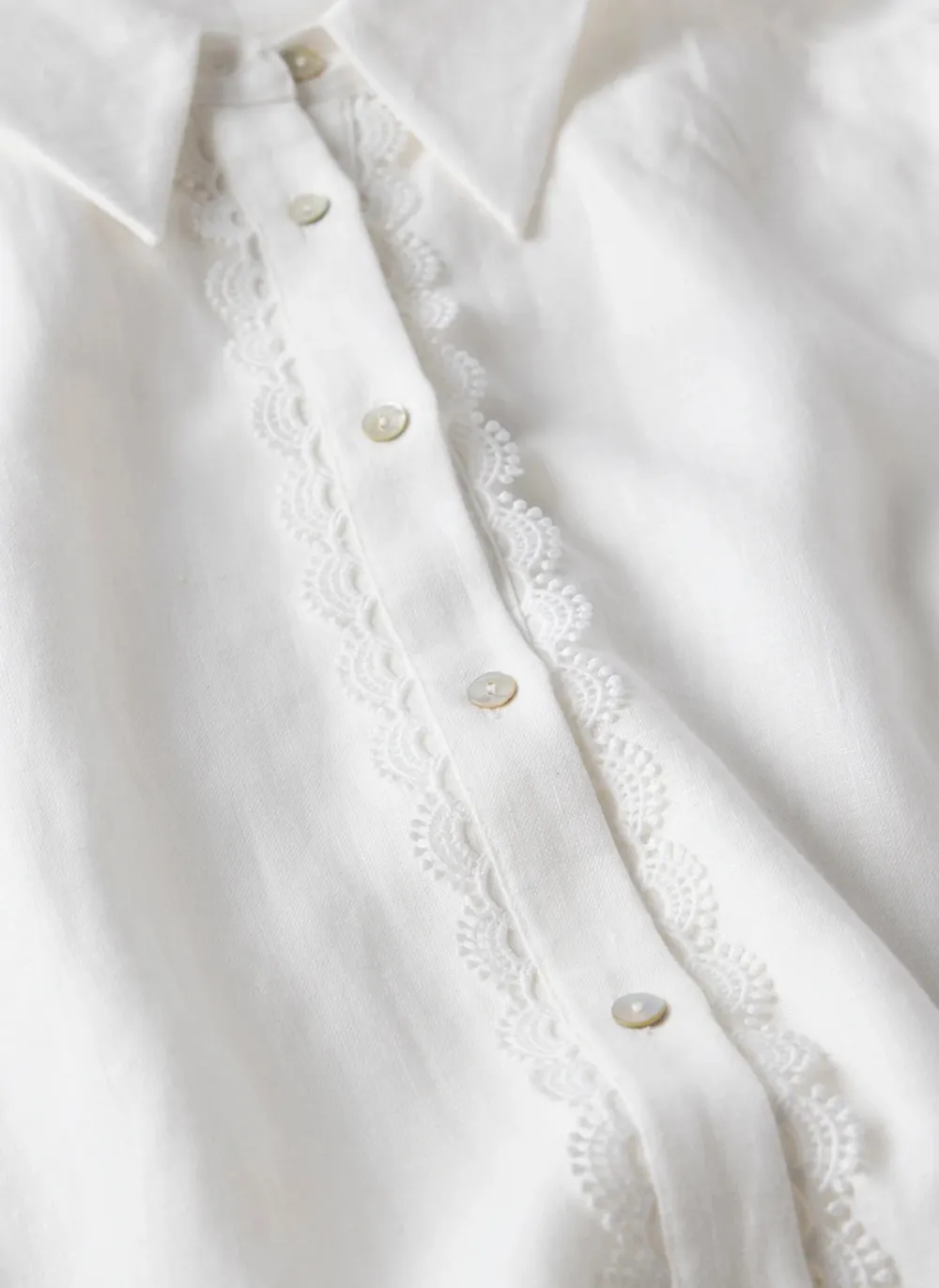 Casual Style White Linen Lace Trim Shirt