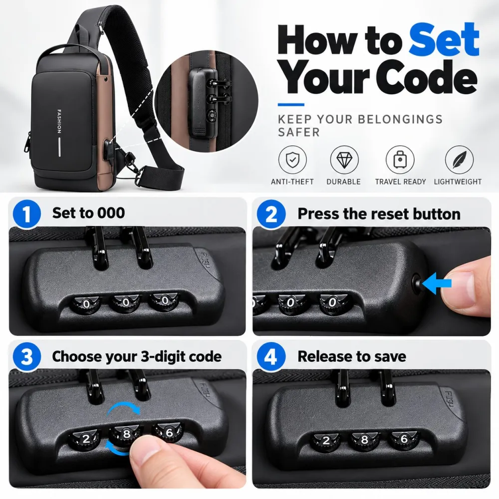 Anti-Theft Smart Sling Bag | Built-in USB Charging & Secure Combination Lock