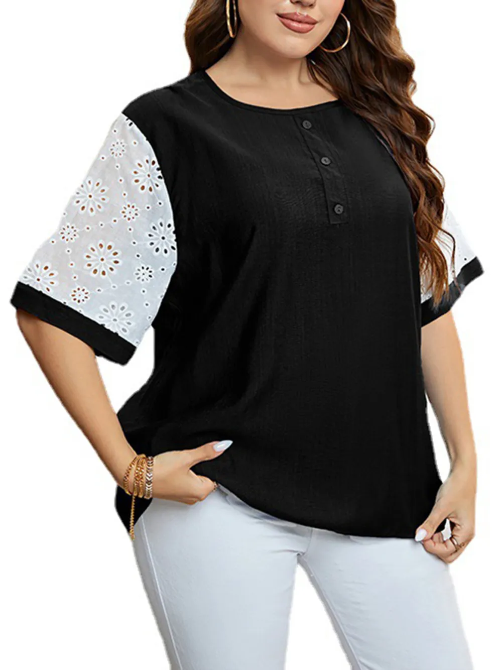 Women Casual Large Size Top With Patchwork Sleeves