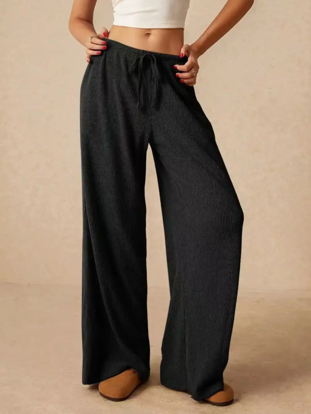 Polished Drawstring Wide Leg Pants
