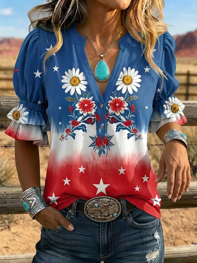 Vintage Floral Art Print V-neck Puff Sleeve Ruffle Shirt