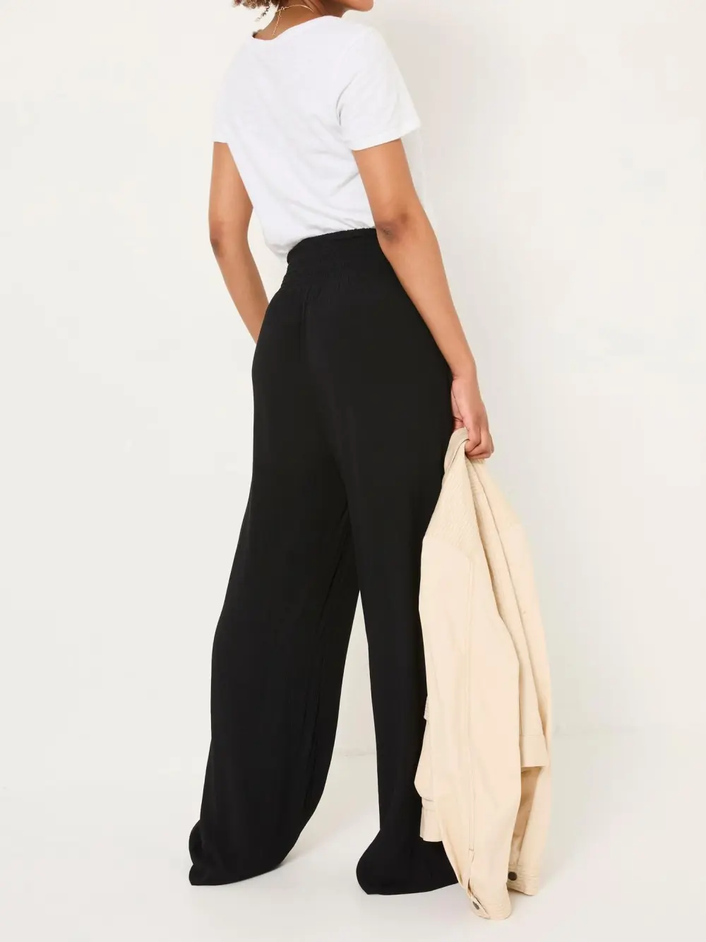 Black Shirred Palazzo Wide Leg Trousers