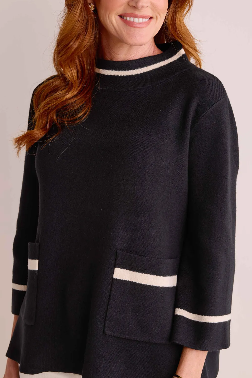 Black Mock Neck Patch Pockets Contrast Trim Sweater