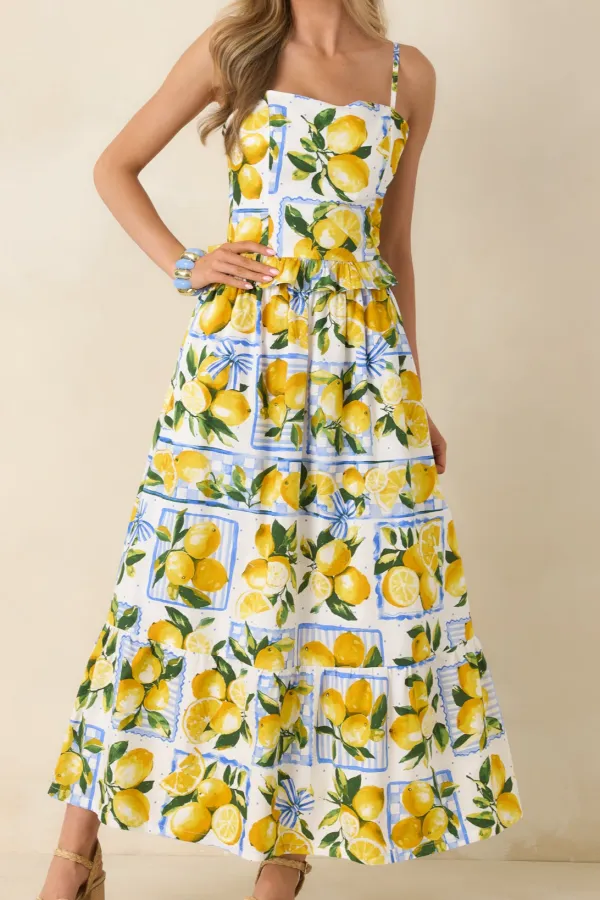 Citrus Charm Multi Lemon Print Cotton Maxi Skirt