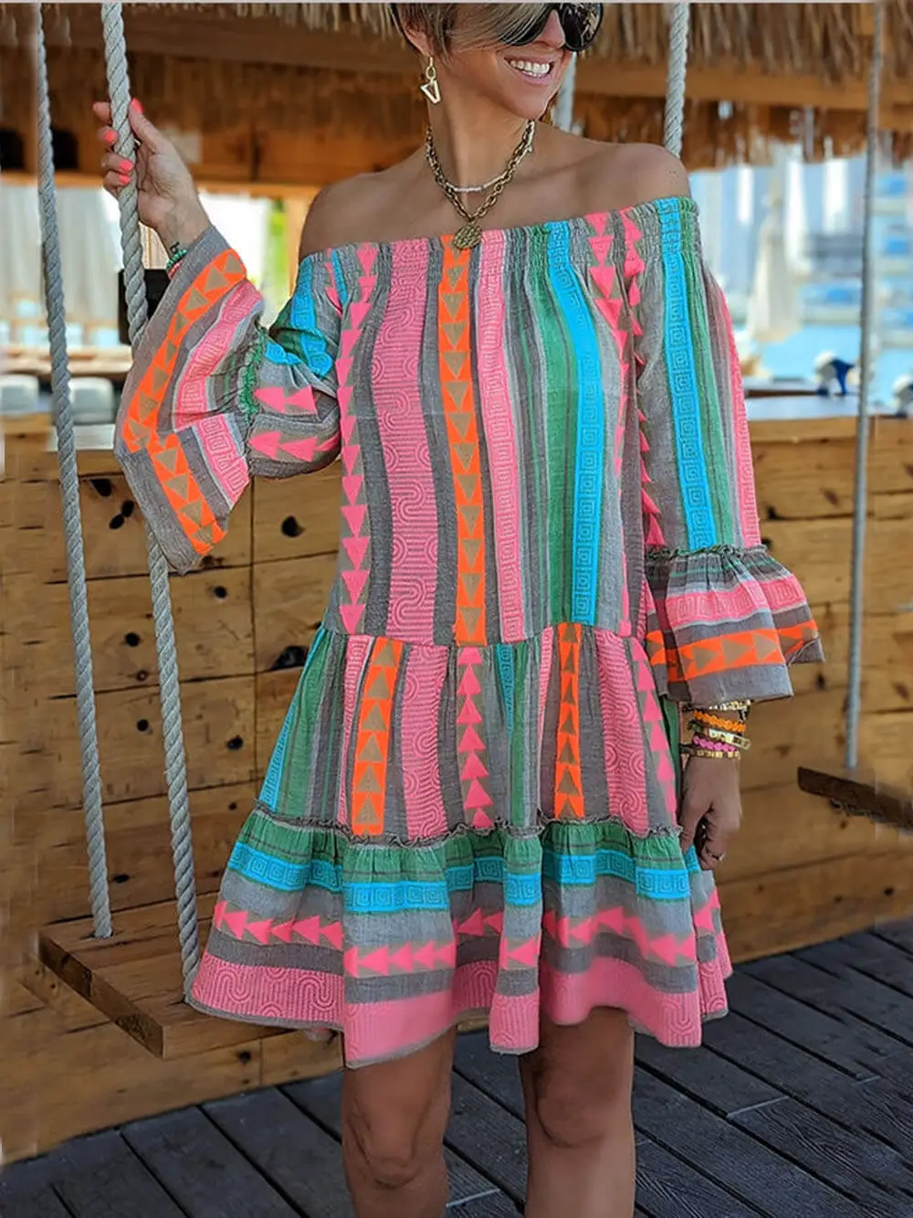 Linen Blend Ethnic Print Off Mini Dress