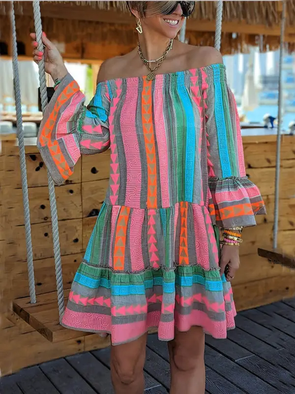 Linen Blend Ethnic Print Off Mini Dress