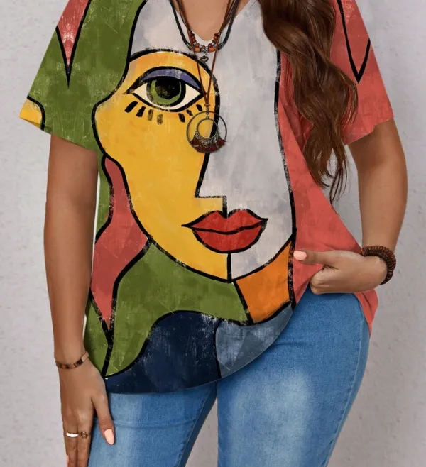 Women's Colorblock Figure Graphic Lace Up V-Neck Blouse