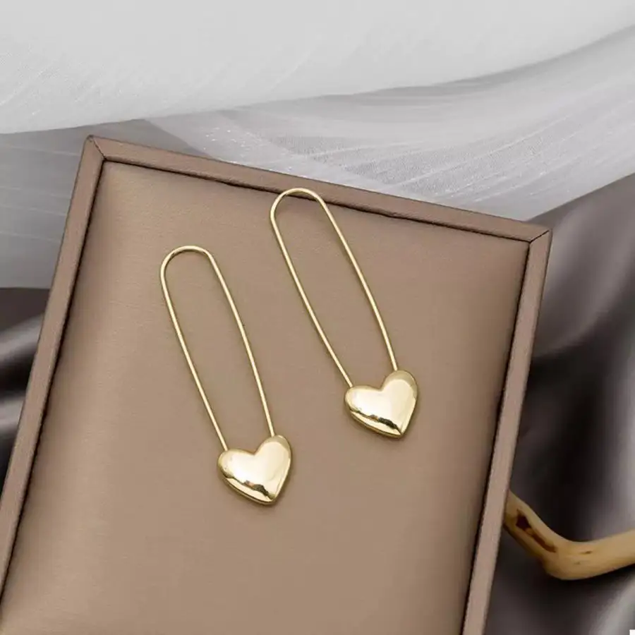 K Gold Plated Heart Charm Safety Pin Earrings
