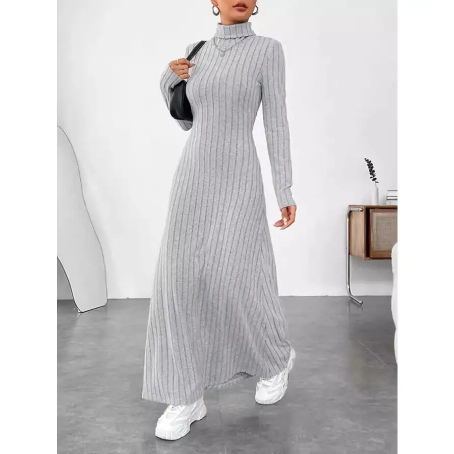 Ribbed Turtleneck Long Sleeve Maxi Knit Dress
