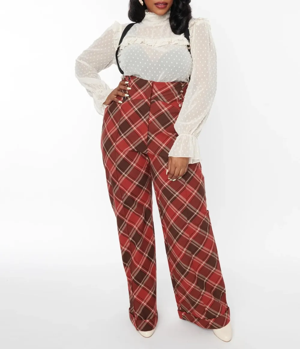 Unique Vintage 1940s Red & Brown Plaid Wide Leg Suspender Pants