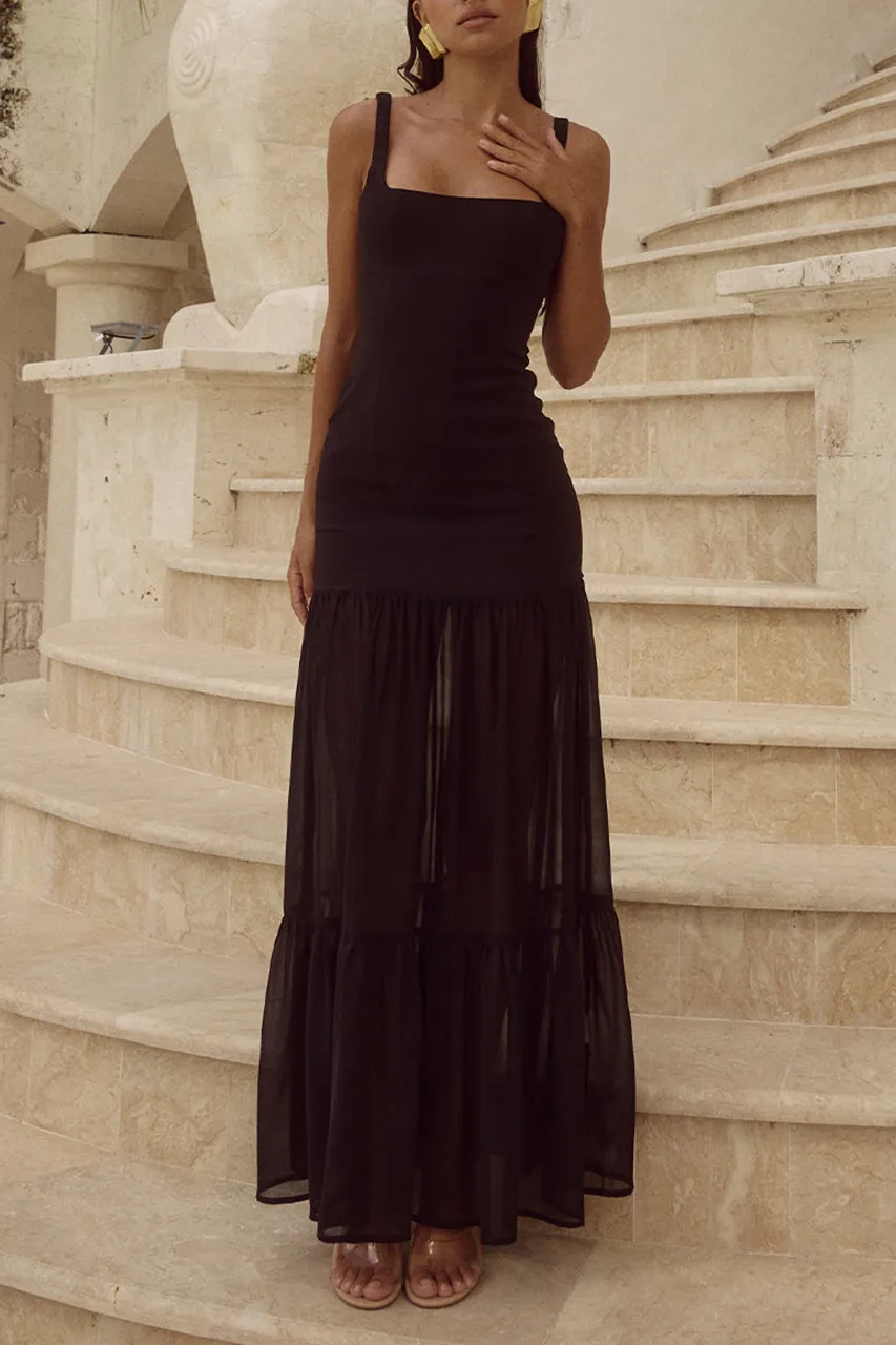 Black Suspender Skirt Tail Mesh Maxi Dress