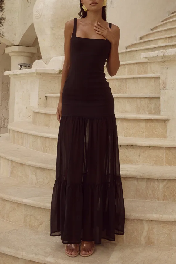 Black Suspender Skirt Tail Mesh Maxi Dress