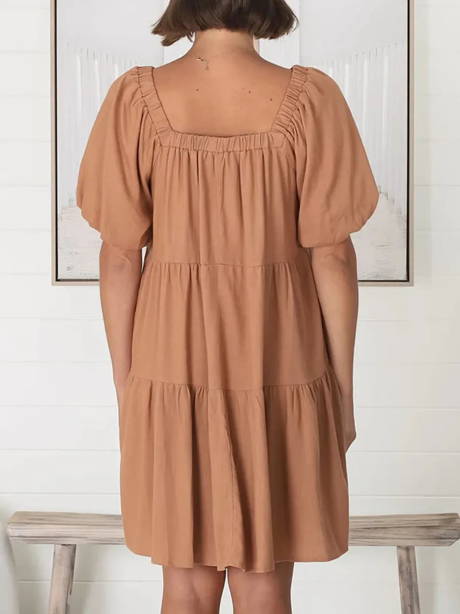 Square-neck puffy sleeves loose A-shape dress