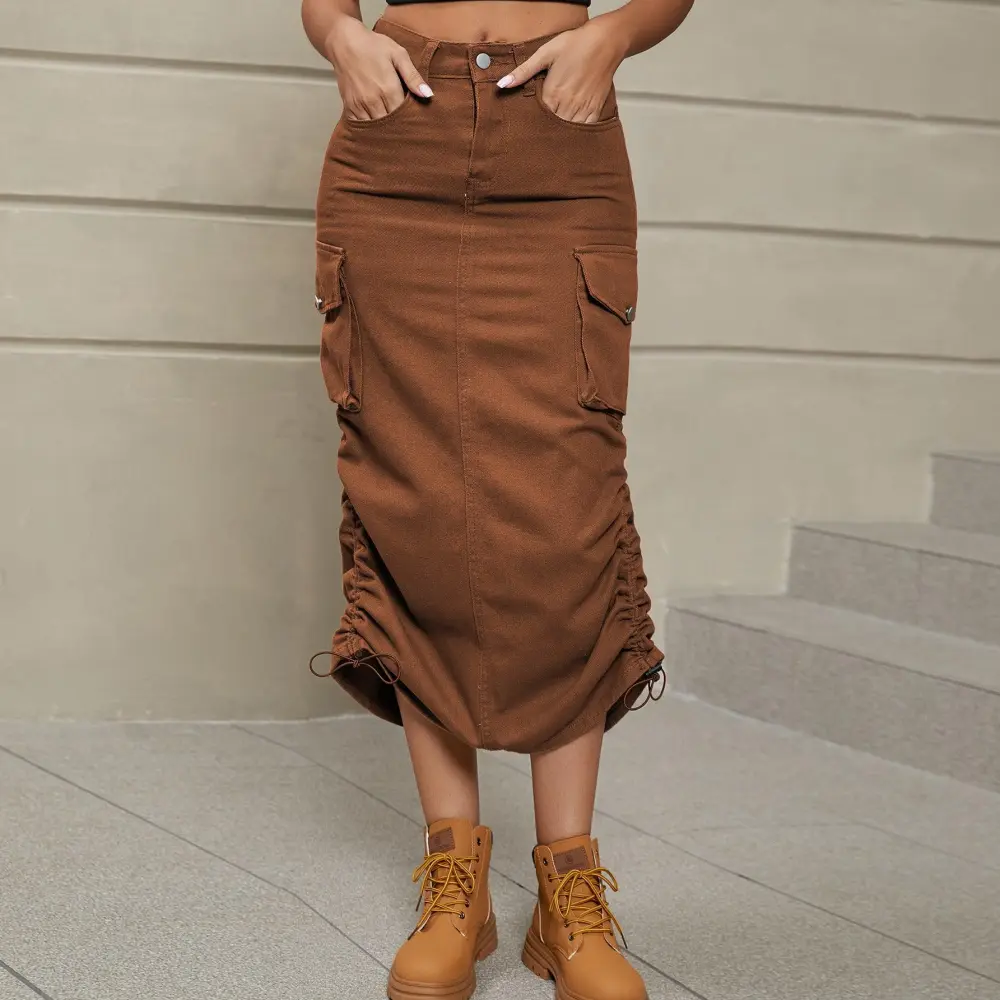 Drawstring Ruched Slit Midi Skirt