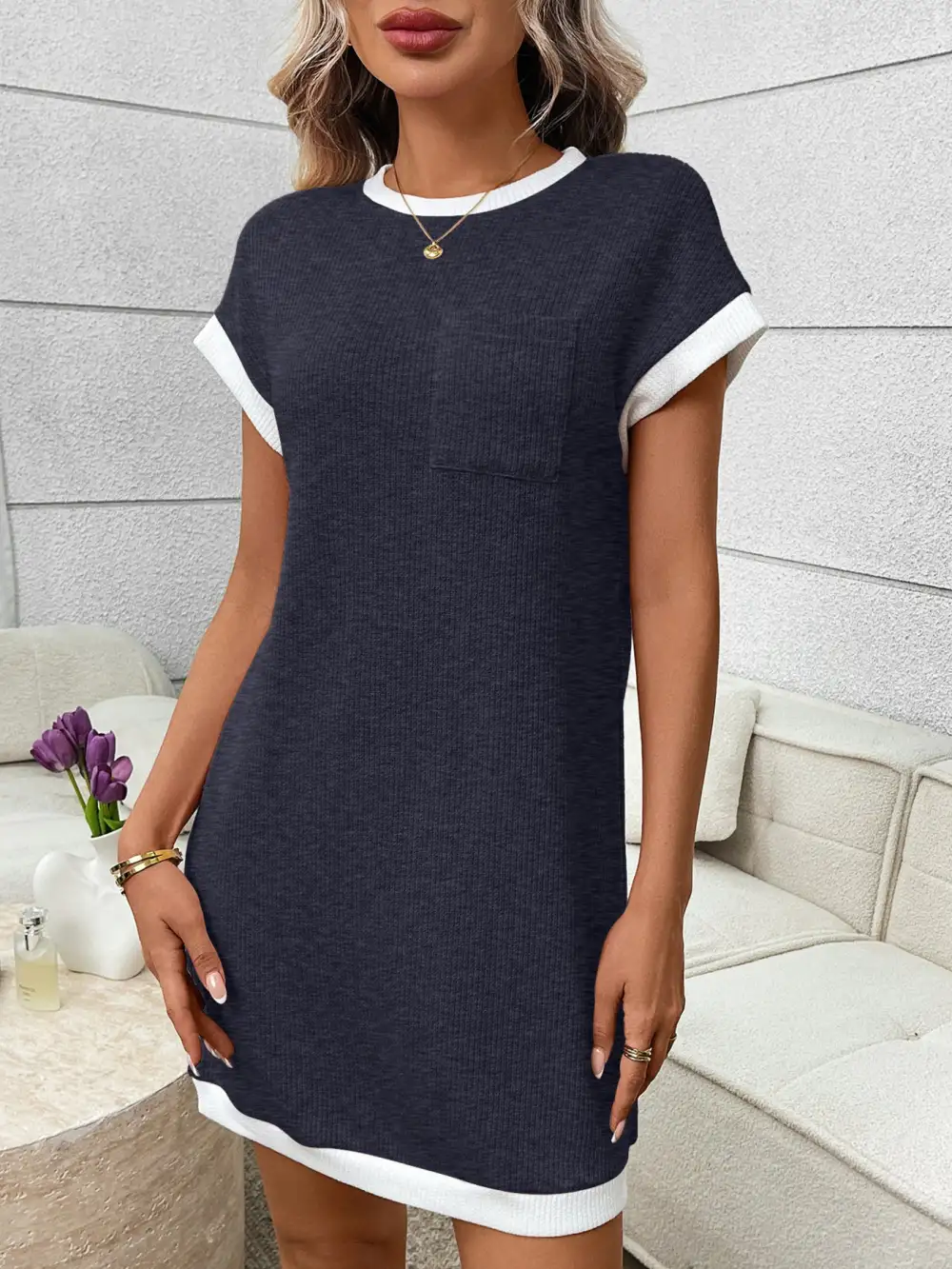 Ribbed Knit Pocketed Mini Dress