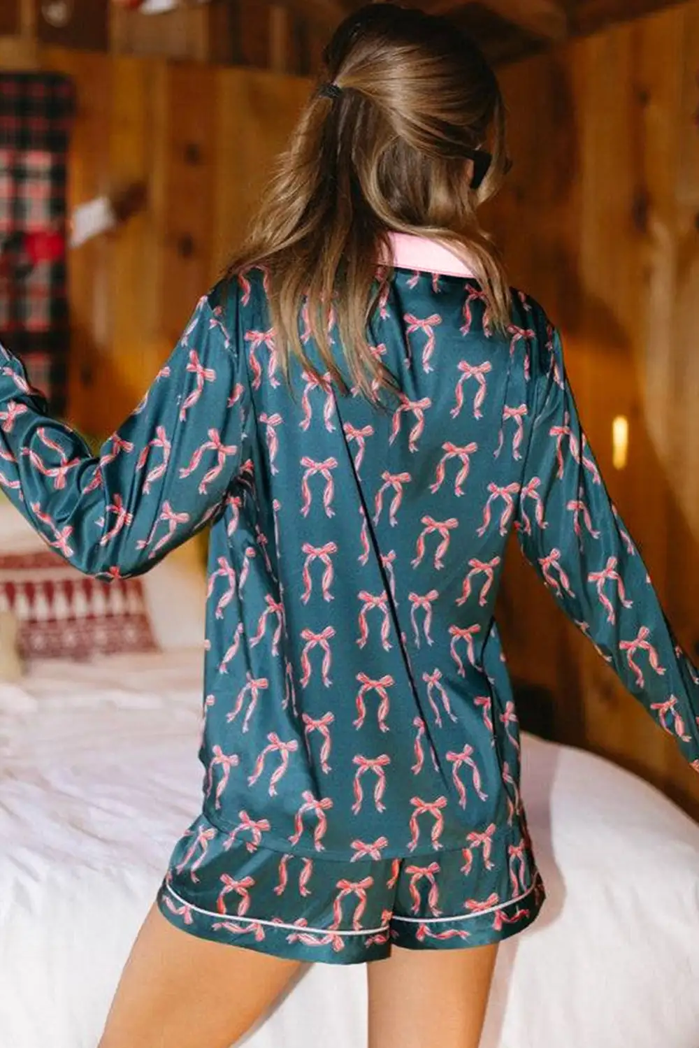 Relaxed Bow Print Ribbon Trim Short Pajama Set