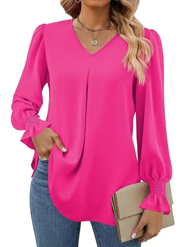 Pleated Chiffon V-Neck Blouse