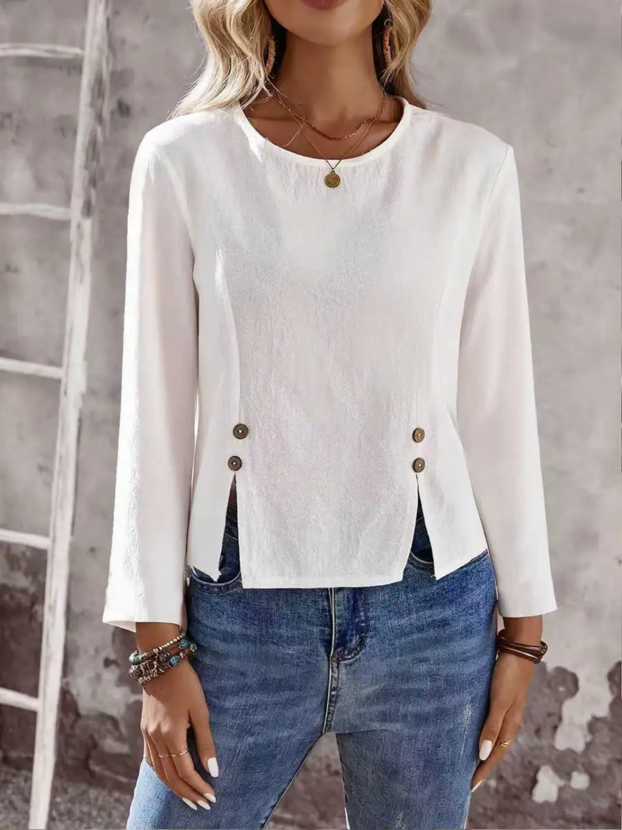 Long Sleeve Button Detail Front Slit Round Neck T-Shirt