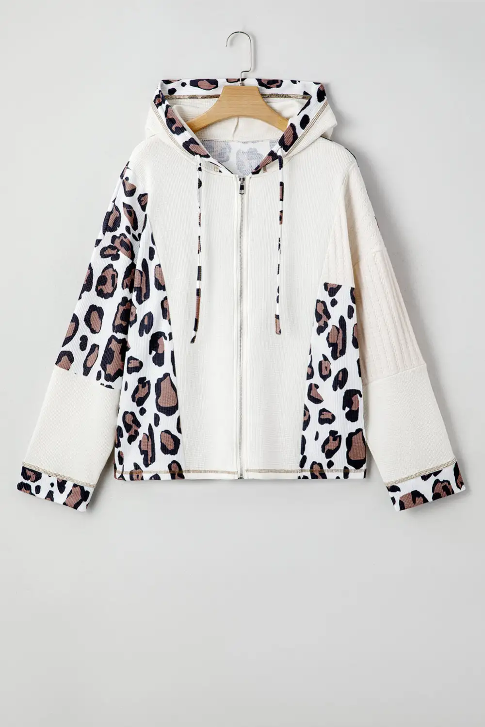 Relaxed Leopard Print Patchwork Zip Detail Hoodie