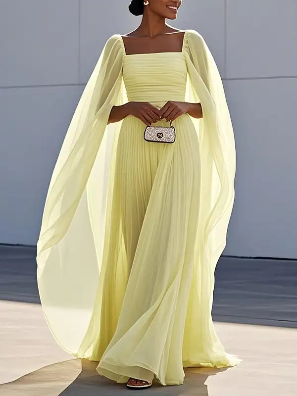 Cape Pleated Neck Maxi Dress