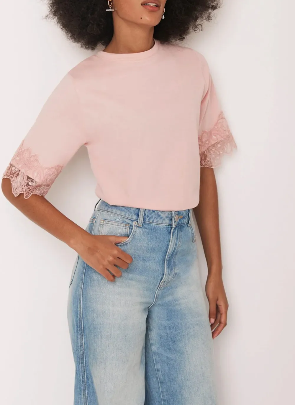 Casual Style Pink Cotton Lace Trim T-Shirt