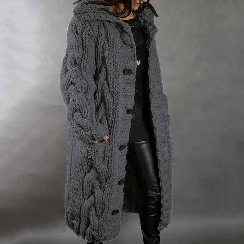 Women's Bulky Knit Cardigan Coat with Hood and Pockets in 7 Colors S-5XL