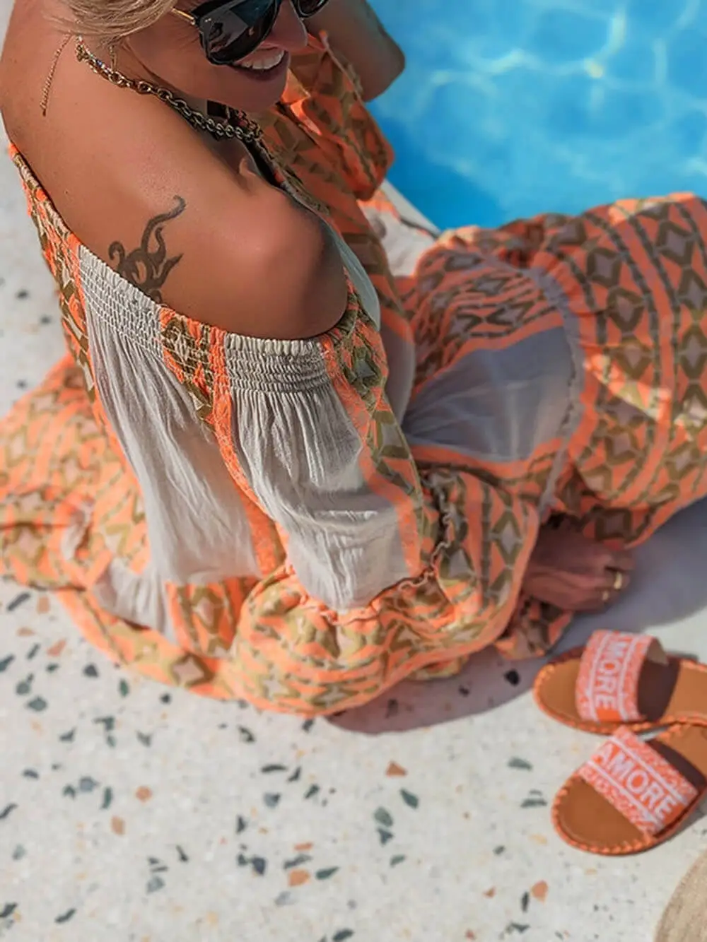 Linen Blend Ethnic Print Off Mini Dress