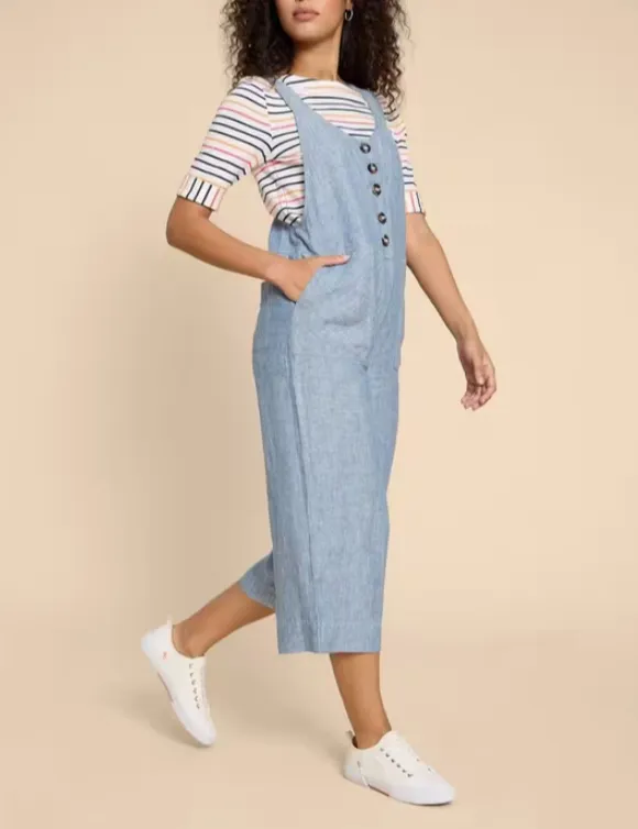 Crop Linen Dungaree In Chambray Blue