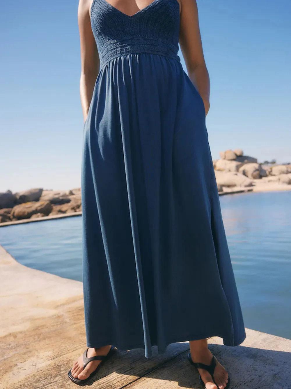 Blue Casual Versatile High-Waisted Slim-Fit Dress